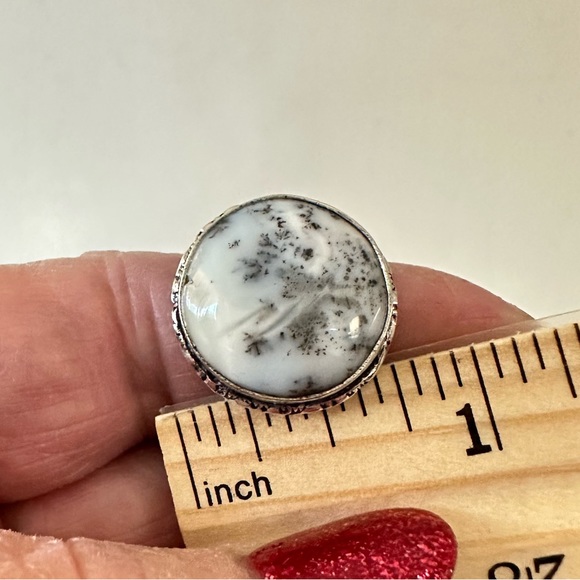 💕 Dendritic agate round gray silver overlay gemstone ring stamped 925 adjustable - Picture 4 of 7
